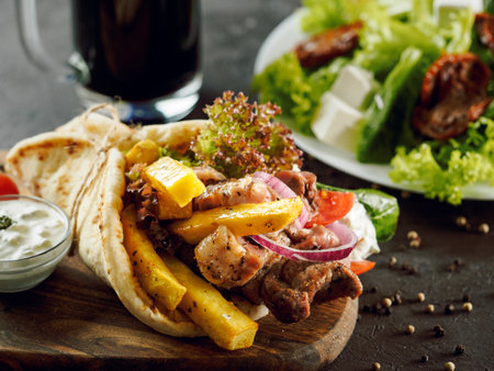Greek fast food gyros on dark background. Pork grilled meat, fry potatos, green lettuce salad leaves.の写真素材