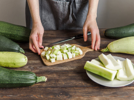 Zucchini harvest. Woman slices zucchini cubes for freezing on wooden table. Zucchini Cooking and Diet Meal Conceptの写真素材