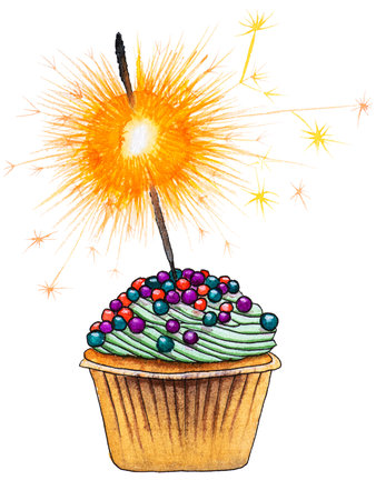 Watercolor scetch illustration with festive cupkace, sprinkles and birthday burning sparkler candle, isolated on white background. Watercolor hand drawn Happy Birthday greeting card, postcard.の写真素材
