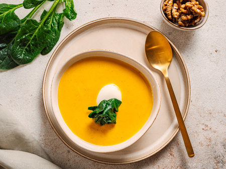 Pumpkin cream-soup served spinach, nuts, sour cream. Tasty Homemade Pumpkin, Sweet Potato or Carrot Soup in Bowl on Neutral Pastel Background. Cozy autumn comfort food. Top viewの写真素材