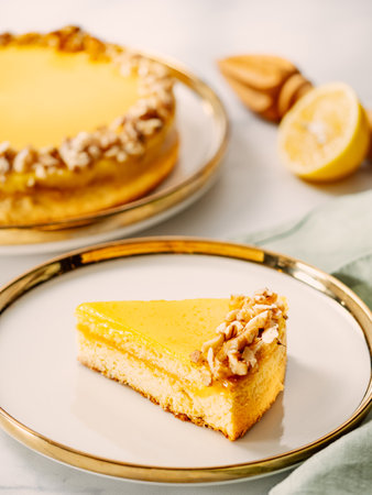 Piece of delicious vegan lemon tart or lemon cake, modernly decorated with walnuts on aesthetic plate. Aesthetic of traditional classic french lemon pie with lemon curd recipe. Vertical, copy spaceの写真素材