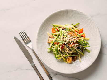 Delicious pork meat salad with cucumber in asian style with amaranth popcorn or popped amaranth (replaceable sesame) on white marble background. Topview, copyspace. Idea salad recipe healthy food menuの写真素材