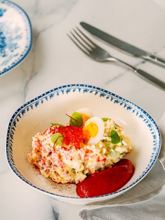 Mayonnaise salad with crab meat, decorated with beetroot mousse in restaurant-style plating. Imitation crab salad with crab sticks or meat and eggs in bowl on marble background. Vertical, copyspaceの写真素材