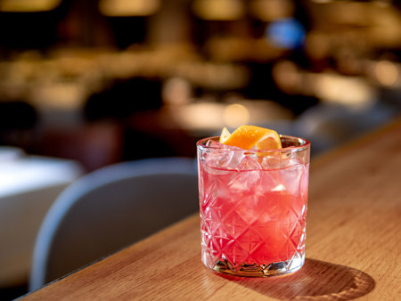 Transparent pink alcohol cocktail with ice, aperol and gin on bar counter in restaurant interior. Alcohol cocktail decorated orange zest spiral. Cold alcoholic cocktail in bar or nightclub. Copy spaceの写真素材