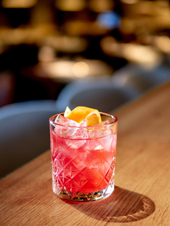 Transparent pink alcohol cocktail with ice, aperol and gin on bar counter in restaurant interior. Alcohol cocktail decorated orange zest spiral. Cold alcoholic cocktail in bar or nightclub. Copy spaceの写真素材