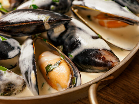 Delicious black mussels in creamy cheese and garlic sauce. Mediterranean black mussels in metal pan on wooden cutting board with grilled bread on wooden backgroundの写真素材