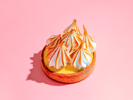Mini cake decorated with whipped egg whites meringue. Mini lemon tart with burnt French meringue. Delicious dessert with lemon filling. topped with meringue on pink background, hard shadows copy spaceの写真素材