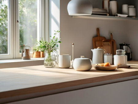 Flowers on wooden tabletop of modern kitchen interior. Cozy fashionable kitchen decor. White aesthetic kitchen interior details and decor. Empty table with copy space.の素材