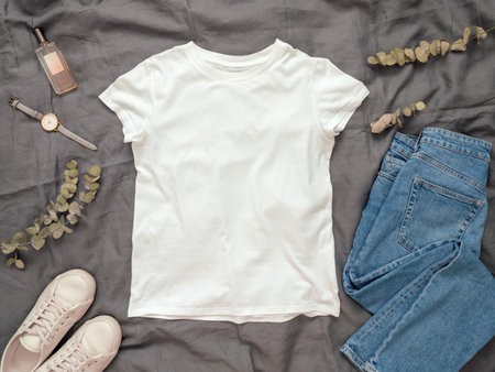 Fashionable look with white empty t-shirt, jeans and white sneakers. Top view of white blank t-shirt with short sleeves over gray bed linen. Mock up for t-shirt print design.の写真素材