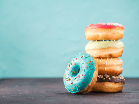 Stack of assorted donuts on black and blue cement background. Blue glazed doughnut with sprinkles on foreground. Copy space. Shallow DOFの写真素材