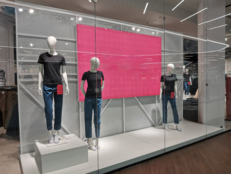 Window bright display with three mannequins wearing jeans and black t-shirts with empty red pink banner. Sale concept. Boutique retail window with copy spaceの写真素材