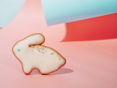 Easter bunny cookie on pink and blue curved paper pastel background with shadows. Happy Easter Day concept. Minimal Easter concept. Copy space. Easter cooking baking background.の写真素材