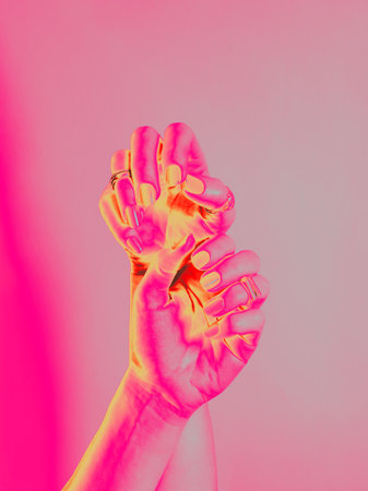 Pink Neon Hands with Rings Closeup. Infrared Thermal Image of two female hands. Manicure, hand and...