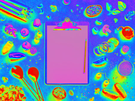 Infrared Thermal Image of food ingredients and clipboard with paper sheet. Vegetables and Clipboard with a Pencil Mockupの写真素材