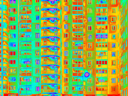 Infrared Thermal Image of exterior apartment building. Modern high rise apartments building in infrared thermal vision.の写真素材