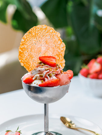Fraise Melba ice cream. Creamy strawberry ice cream with fresh strawberries decorated with cookies like a Strawberry Sundaeの写真素材