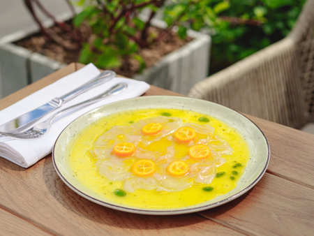 Fresh sea bream carpaccio with salad on white plateの写真素材