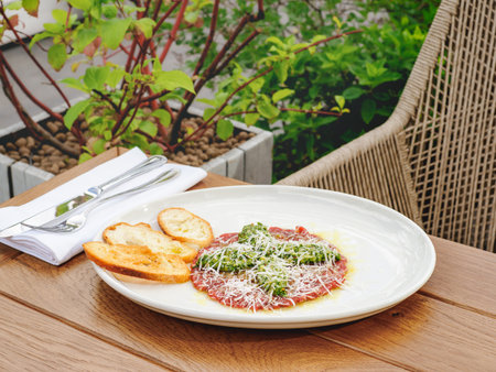Tuna or beef carpaccio with pesto sauce and parmesan cheese on rustic plate. Antipasti and lunch concept. Delicious food in summer sunny day outdoor of restaurant or cafe terrace. Top view or flat layの写真素材