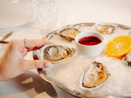 Woman having oysters at table. Fresh oysters on large plate with ice and lemon. Healthy food, gourmet food, restaurant food. Mediterranean cuisine, girl eats, oysters on iceの写真素材