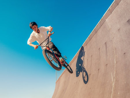 BMX bicycle rider flying and doing stunt in concrete quarter half-pipe. Skilled BMX freestyler athlete jumping over quarter ramp and doing aerial trick in street concrete half-pipe ramp park outdoors.の写真素材