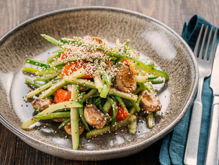 Delicious pork, veal or beef salad with cucumber in asian style with amaranth popcorn or popped amaranth replaceable sesame. Idea salad recipe for healthy menu. Vibrant bright salad with cucumberの写真素材