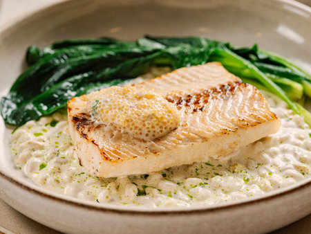 Muksun (Coregonus muksun). Muksun flesh delicacy tender. White salmon fish on pillow of pine nut garnished with blanched spinach and white caviar, on restaurant table. Delicious dish with white fishの写真素材