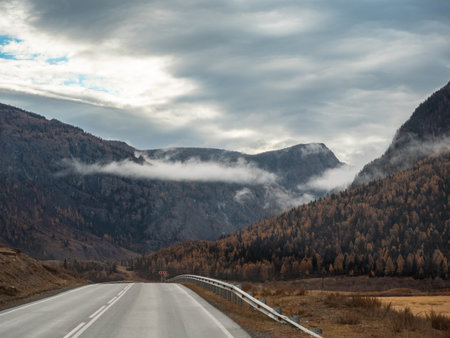 Scenic Road Through Mountains Landscape in Autumn Cloudy Day. Road Leading to Mountains with Fog in Altai, Russia. The Chuya Highway or Chuysky Trakt is name of road connecting Russia and Mongoliaの写真素材