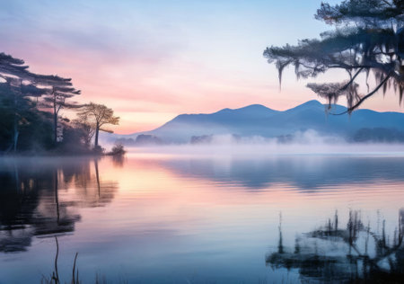 Scenic Lake Landscape with Fog at Sunrise. Lake at sunrise in soft light, copy space. Sunrise in mountains near calm lake, trees on coast lineの素材