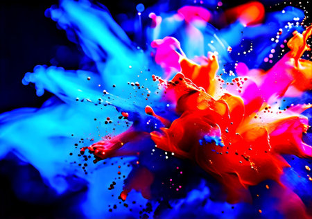 Holi powder swirling and mixing. Bright blue and red powder for Holi festival in air. Indian festival Holi - is bright national holidayの素材