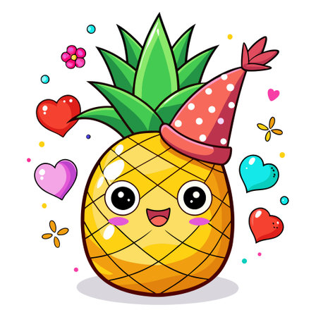 Cute cartoon pineapple with party hat and hearts. Vector illustration.のイラスト素材