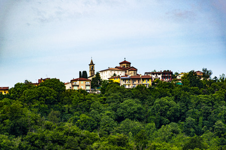 Monteviale on the hills of Vicenza, Italy. From the plain you can see the church and the bell towerの写真素材