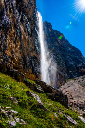 beautiful and majestic waterfall of Val Travenanzes in the Dolomites of Cortina D'ampezzo in Belluno, Veneto, Italyの写真素材