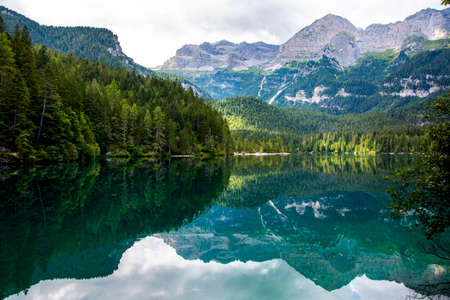 the peaks of the Dolomites in the Adamello Natural Park are reflected and tinged with green the...