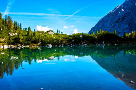 image of the splendid Lake Sorapis surrounded by the Ampezzo Dolomites in Cortina D'Ampezzo,...