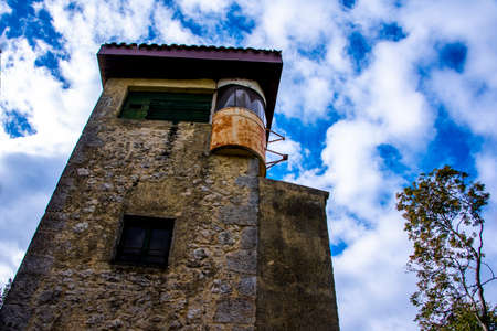birdwatching tower stands out against the blue sky in Castegnero, Vicenza, Veneto, Italyの写真素材