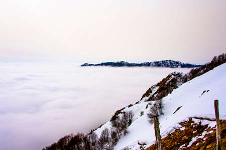 horizon of the Venetian plain immersed in clouds between fog and snow with snowy trees and snowy...