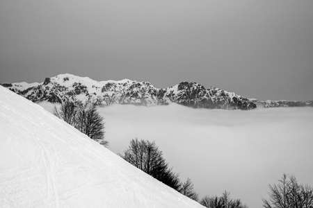 horizon of the Venetian plain immersed in clouds between fog and snow with snowy trees and snowy Alpine peaks on a winter day in Recoaro Mille, Vicenza, Italyの写真素材