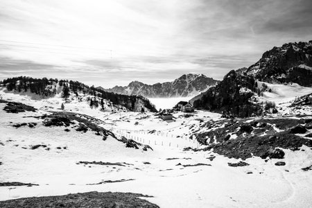 alpine panorama with snow fields and dolomitic peaks alpine huts and pine forests of Campogrosso Vicenza Veneto Italyの写真素材