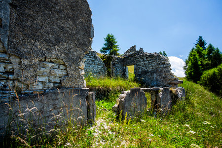 view of the ruins of the Austro-Hungarian World War II fort Dosso Delle Somme at the Folgaria plateau in Trentino Alto Adige Italy Europeの写真素材
