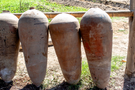 Terracotta wineskins for transporting Pisco wine near Ica in Peru