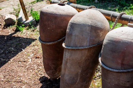 Terracotta wineskins for transporting Pisco wine near Ica in Peru