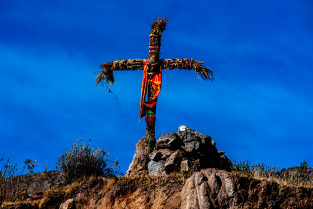 votive cross on rock in the Peruvian highlands of Arequipa near the Colca Canyon in Peruの写真素材