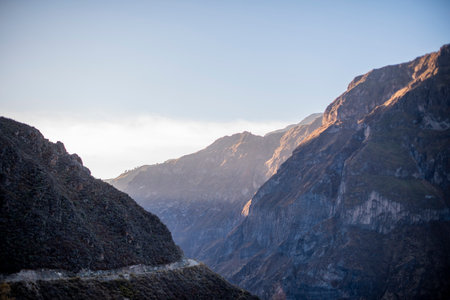 dirt roads climbs through the valleys of the Colca Canyon in the province of Arequipa in Peru...