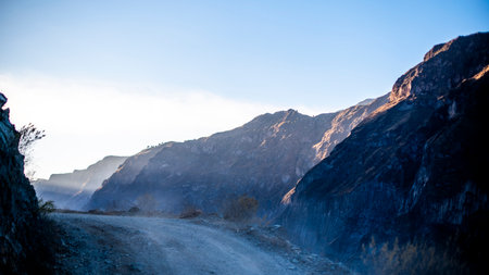 dirt roads climbs through the valleys of the Colca Canyon in the province of Arequipa in Peru...