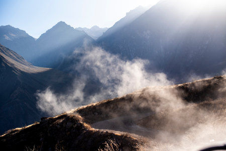 dirt roads climbs through the valleys of the Colca Canyon in the province of Arequipa in Peru...