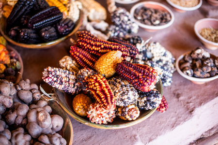 detail of the colored mai on a bowl in a market in Peru in South Americaの写真素材