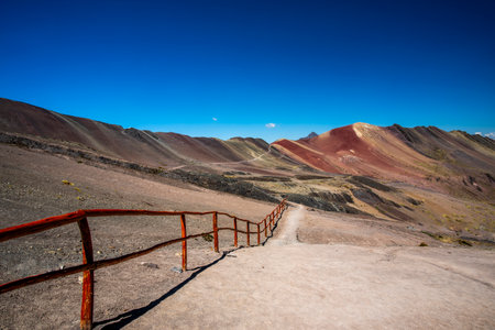view of the Andean mountains called Vinicunca or winikunka also called Seven Color Mountains near Ausangate in the Cusco region of Peru in South Americaの写真素材