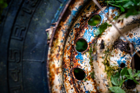 close-up of an old car wheel with a ruined black tire and rusty rim with peeling paintの写真素材