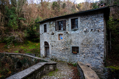 old abandoned mill on the banks of a mountain stream with old stone pointe among the alpine woods near Varenna on Lake Como Italyの写真素材