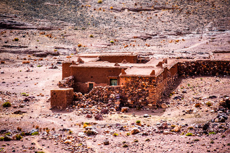 Shepherd's huts and houses used by Berbers who travel with caravans through the Moroccan Atlas in Jebel Saghro near Ouarzazate in Marrakech in Moroccoの写真素材